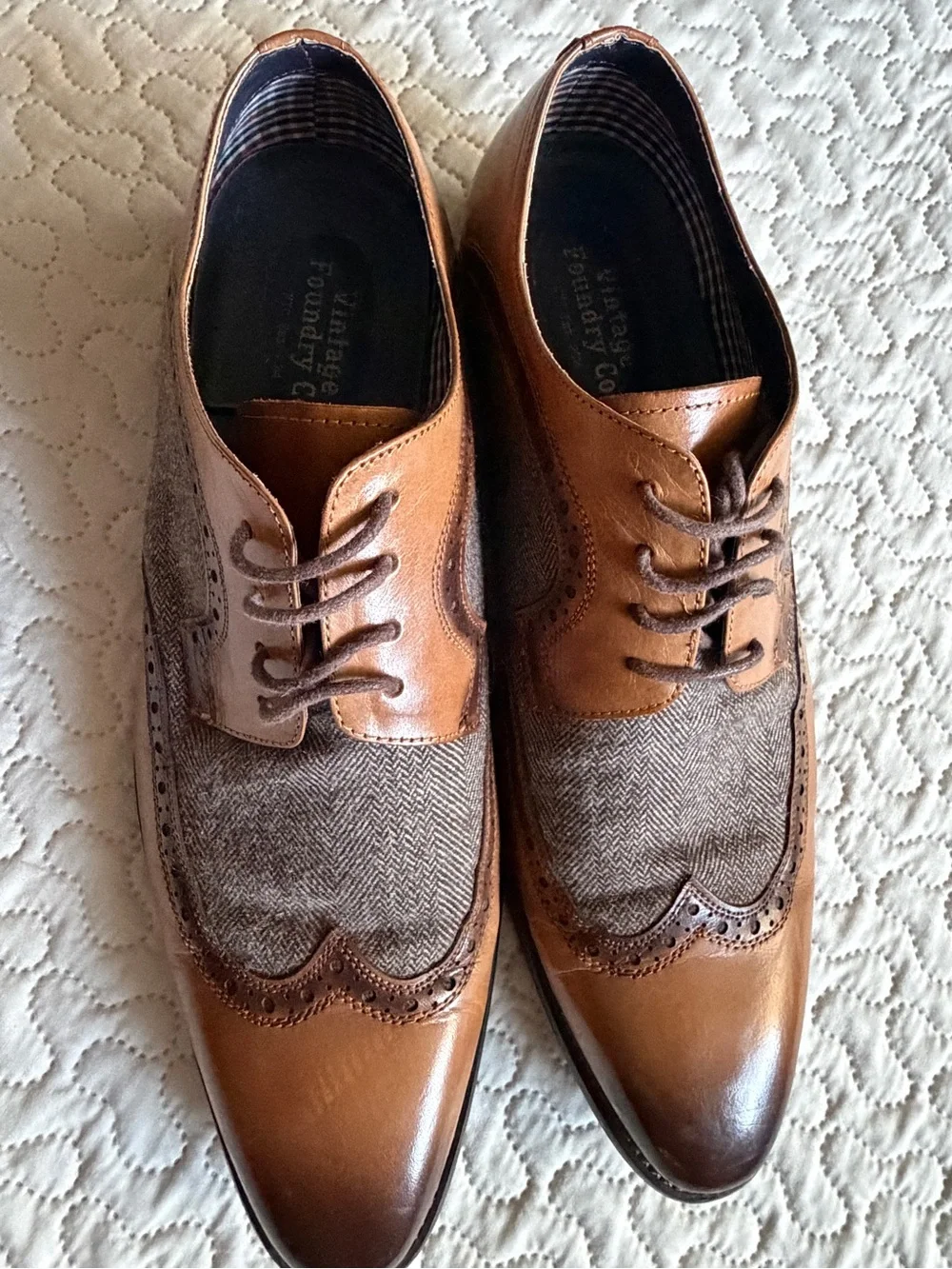 Vintage Foundry Co Brown Leather & Herringbone Fabric Wingtip Oxford Size 10.5